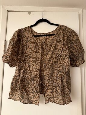American Eagle Outfitters Leopard Print Puff Sleeve Peplum Blouse - Tan/Black
